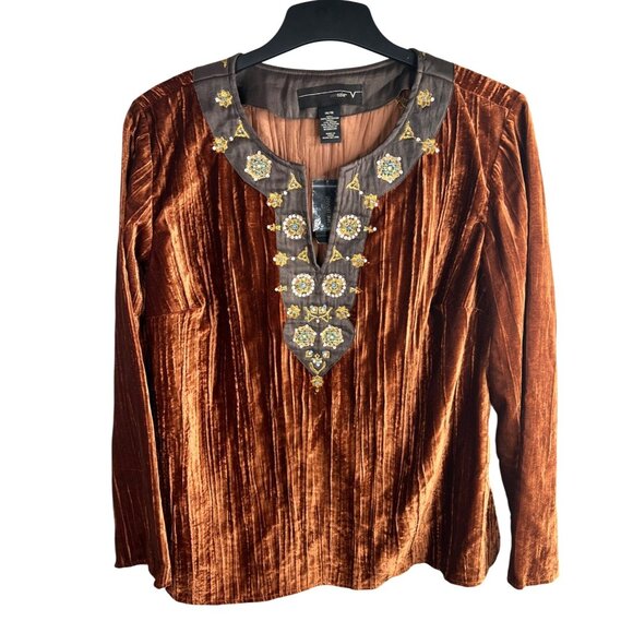 Venezia Womens Velvet Embellished Tunic Top Brown Long Sleeve Boho Blouse 14/16 - Picture 1 of 11